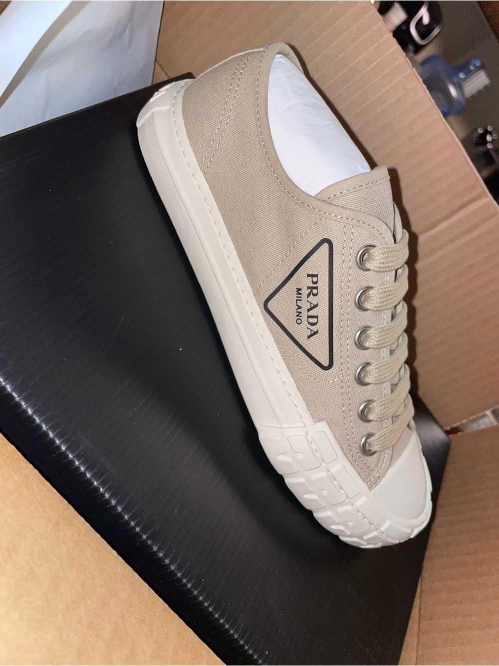 Prada Beige Canvas Low-Top Sneakers with White Rubber Sole BRAND NEW 38